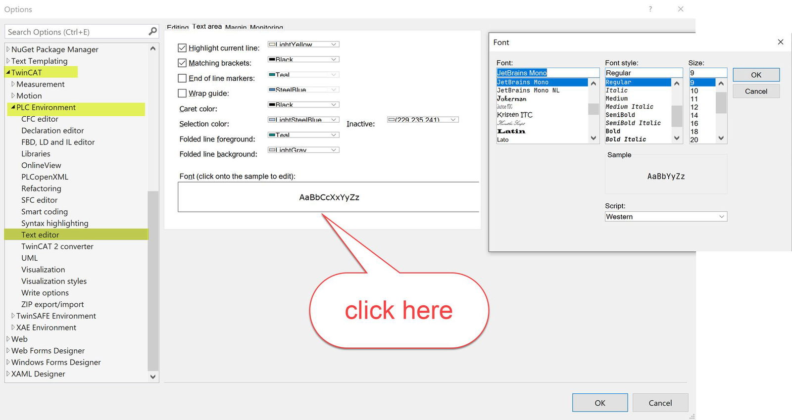 Text editor font settings